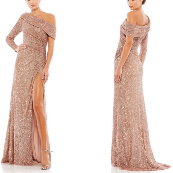 Mac Duggal Sequined One Sleeve Drop ShoulderFaux Wrap Evening Gown - Reemoly